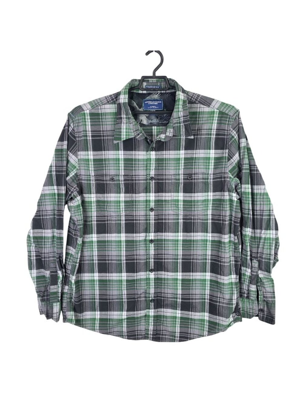 Mens American Eagle Green Gray Plaid Flannel Button Up Shirt Vintage Fit XXXL